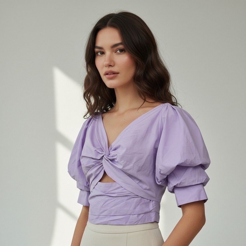 Mare Mare Lilac Purple Cotton Puff Sleeve Tie Back Crop Top Blouse Size Med NEW
